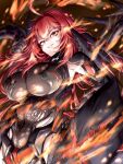  1girl ahoge armor bodystocking boobplate breasts fire goddess_of_victory:_nikke grin hair_between_eyes heta2624 highres large_breasts long_hair looking_at_viewer mechanical_tail nihilister_(nikke) red_eyes red_hair see-through_cleavage sidelocks smile solo tail torn_bodystocking torn_clothes 