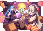  3girls absurdres animal_ears ao_no_exorcist blonde_hair blue_hair breasts candy closed_eyes coat eiyuu_densetsu elie_macdowell english_commentary fake_animal_ears food full_moon ghost_costume green_hair halloween halloween_costume hat highres holding holding_candy holding_food holding_lollipop kea_(eiyuu_densetsu) lollipop moon multiple_girls naisu_(nai_su01) small_breasts smile tio_plato tombstone twitter_username witch_hat zero_no_kiseki 
