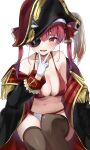  1girl absurdres bikini black_headwear black_jacket breasts brown_thighhighs commentary_request epaulettes eyepatch gloves hair_ribbon hat highres houshou_marine_(1st_costume) jacket jewelry large_breasts looking_at_viewer medium_hair necklace open_mouth pirate_hat red_bikini red_eyes red_hair red_ribbon ribbon simple_background sitting smile solo swimsuit teeth thighhighs twintails virtual_youtuber white_background white_gloves yoshinon_(yoshinon_kotori) 