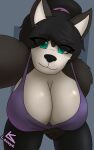  anthro big_breasts breasts canid canine canis cleavage clothed clothing clothing_pull deep_cleavage domestic_dog female hi_res husky kayla_(lonnyk) lonnyk looking_at_viewer mammal nordic_sled_dog selfie shirt solo spitz tank_top topwear 