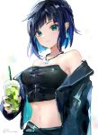  1girl absurdres bare_shoulders blue_hair blue_jacket blue_nails blunt_bangs breasts commentary_request fujito_(call_f_) genshin_impact green_eyes highres jacket large_breasts long_sleeves looking_at_viewer midriff nail_polish navel off_shoulder open_clothes open_jacket short_hair simple_background smile solo stomach strapless tube_top upper_body white_background yelan_(genshin_impact) 
