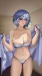  1girl :p absurdres bandeau bare_arms bare_shoulders blue_panties breasts character_request cleavage commentary copyright_request cowboy_shot grey_hair highres indoors kabotoz large_breasts looking_at_viewer navel panties pink_eyes short_hair solo standing stomach strapless thighs tongue tongue_out tube_top underwear 