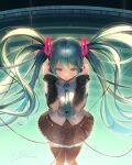  1girl aqua_eyes aqua_hair aqua_necktie bangs bare_shoulders black_skirt black_sleeves black_thighhighs cable collared_shirt commentary_request detached_sleeves floating_hair frills hair_between_eyes hair_ornament hands_on_headphones hatsune_miku headphones highres long_hair looking_at_viewer miku_day monitor necktie number_tattoo parted_lips pleated_skirt plug shirt shoulder_tattoo signature skirt sleeveless sleeveless_shirt solo tattoo thighhighs twintails very_long_hair vocaloid yamashiro_kogane zettai_ryouiki 