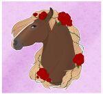  absurd_res ambiguous_gender blonde_mane brown_body brown_eyes equid equine feral flower hi_res horse huskii-s mammal mane mouth_closed narrowed_eyes plant red_flower rose_(flower) signature simple_background solo 