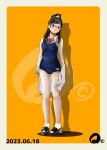  1girl animal_on_head black_footwear bow breasts cat cat_on_head dated glasses green_eyes long_hair looking_at_viewer on_head q98780409 red_bow school_swimsuit shadow small_breasts socks solo standing swimsuit white_socks yellow_background 