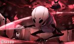  3others black_skin character_request cloak colored_skin commentary_request grimm_(hollow_knight) highres holding holding_weapon hollow_eyes hollow_knight knight_(hollow_knight) multiple_others no_humans outdoors signature top-exerou weapon 