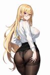  1girl absurdres ass_grab azur_lane bilei black_choker black_pantyhose black_skirt blonde_hair breasts choker closed_mouth glasses grabbing_own_ass hair_between_eyes highres huge_breasts implacable_(azur_lane) implacable_(shepherd_of_the_&quot;lost&quot;)_(azur_lane) long_hair long_sleeves looking_at_viewer looking_back official_alternate_costume panties panties_under_pantyhose pantyhose red_eyes shirt skirt solo thighband_pantyhose underwear very_long_hair white_shirt 