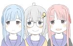  3girls ahoge alternate_costume bespectacled black_shirt blue_eyes blue_hair blunt_bangs blush_stickers braid collarbone commentary_request expressionless fang glasses grey_hair hair_ornament hair_ribbon hairclip heads_together highres itesu kizuna_akari kotonoha_akane kotonoha_aoi light_frown lineup long_hair looking_to_the_side low_twin_braids multiple_girls open_mouth pink_eyes pink_hair portrait purple_sailor_collar purple_shirt raised_eyebrows ribbon round_eyewear sailor_collar school_uniform serafuku shirt siblings sidelocks sisters skin_fang smile twin_braids vocaloid voiceroid white_background yellow_shirt 