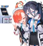  2girls ^_^ ahoge arcade aris_(blue_archive) black_hairband black_skirt blue_archive blue_eyes blue_necktie blush closed_eyes ddog floral_print hair_between_eyes hairband halo highres jacket long_hair mole mole_under_eye multiple_girls necktie neru_(blue_archive) open_mouth orange_hair print_jacket shirt simple_background skirt smile teeth upper_teeth_only white_background white_jacket white_shirt 