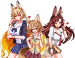  3girls animal_ears blonde_hair blue_jacket blue_skirt breasts brown_hair brown_skirt collar cowboy_shot earrings fox_ears fox_girl fox_tail green_necktie heart imaizumi_kagerou jacket jewelry kudamaki_tsukasa looking_at_viewer multiple_girls necktie plaid plaid_skirt pleated_skirt school_uniform shirt simple_background skirt smile tail touhou transparent_background unk_kyouso white_shirt wolf_ears wolf_girl yakumo_ran 