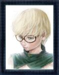  1boy blonde_hair child closed_mouth commentary_request faux_traditional_media glasses green_eyes hegitsu looking_at_viewer male_child male_focus original painterly painting_(medium) realistic short_hair simple_background solo traditional_media white_background 