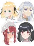  4girls absurdres ahoge anisphia_wynn_palettia black_hair blue_eyes blush choker closed_mouth commentary_request euphyllia_magenta flower green_eyes hair_flower hair_ornament hair_ribbon hat highres ilia_coral instagram_logo knownameart lainie_cyan long_hair looking_at_viewer mob_cap multiple_girls parted_lips portrait purple_eyes red_eyes red_hair ribbon short_hair simple_background smile tensei_oujo_to_tensai_reijou_no_mahou_kakumei twitter_logo twitter_username white_background white_choker white_hair 