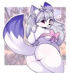  anthro biped blush breasts butt canid canine canis clothing female fur genitals hair hi_res inner_ear_fluff leah_(gabeny) mammal miikotorii pussy red_eyes smile solo tail tuft white_body white_fur wolf 