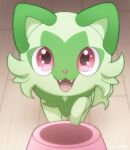  :3 :d artist_name bowl commentary_request fangs full_body highres looking_at_viewer monaka_(hc_pkmn) no_humans open_mouth pet_bowl pokemon pokemon_(creature) red_eyes smile solo sprigatito twitter_username wooden_floor 