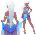  1girl anklet armlet ass atlantis:_the_lost_empire bare_shoulders barefoot blue_eyes bracelet breasts cheshirrr commentary dark-skinned_female dark_skin earrings facial_tattoo full_body highres jewelry kidagakash long_hair looking_at_viewer medium_breasts navel necklace smile solo standing tattoo white_background white_hair 