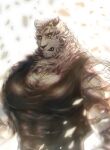  1boy absurdres animal_ears arknights backlighting bara blue_eyes debris frown furry furry_male glowing glowing_eyes highres large_pectorals looking_ahead male_focus mementmori333 mountain_(arknights) muscular muscular_male pectoral_cleavage pectorals scar scar_across_eye scar_on_arm short_hair solo thick_eyebrows tiger_boy tiger_ears upper_body white_fur white_hair 