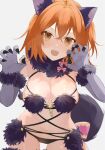  1girl absurdres alternate_costume animal_ear_fluff animal_ears black_panties black_tail blush bow claw_pose claws cosplay dot_nose elbow_gloves eyelashes fate/grand_order fate_(series) fujimaru_ritsuka_(female) fur-trimmed_gloves fur_bikini fur_collar fur_trim gloves highres mash_kyrielight mash_kyrielight_(dangerous_beast) mash_kyrielight_(dangerous_beast)_(cosplay) navel o-ring open_mouth orange_eyes orange_hair panties purple_gloves romo827 short_hair simple_background solo striped striped_bow tail teeth underwear upper_teeth_only white_background wolf_ears wolf_tail 