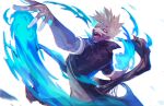  1boy black_jacket blue_eyes blue_fire blurry boku_no_hero_academia burn_scar cheek_piercing chromatic_aberration commentary_request dabi_(boku_no_hero_academia) dancing depth_of_field ear_piercing film_grain fire floating_clothes from_side glowing glowing_eyes hands_up high_collar highres jacket light looking_at_viewer looking_to_the_side male_focus matsuya_(pile) multiple_piercings multiple_scars open_mouth outstretched_arms partial_commentary piercing pyrokinesis sanpaku scar scar_on_arm scar_on_face scar_on_neck shirt short_hair short_sleeves simple_background smile solo spiked_hair spoilers spread_arms todoroki_touya torn_clothes turning_head upper_body white_background white_hair white_shirt 