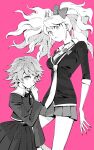  1boy 1girl blush breasts cleavage closed_mouth cosplay danganronpa:_trigger_happy_havoc danganronpa_(series) ear_bow enoshima_junko enoshima_junko_(cosplay) frown fujisaki_chihiro hair_ornament hand_up highres ikusaba_mukuro jacket long_hair long_sleeves medium_breasts miniskirt nagsu_(narksuhaza) neck_ribbon pink_background pleated_skirt rabbit_hair_ornament ribbon short_hair simple_background skirt twintails 