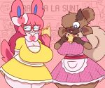  2023 anthro big_breasts blue_eyes breasts brown_body brown_fur brown_hair chile clothing dress duo eating eating_food eeveelution empanada eyewear female fiestas_patrias_(chile) food fur generation_6_pokemon generation_7_pokemon glasses hair happy hi_res huge_breasts javisylveon_(mintyspirit) long_hair luneiumbreon_(mintyspirit) mintyspirit nerd nintendo open_mouth petra_(carrot_kiss) pigtails pink_hair pokemon pokemon_(species) red_eyewear red_glasses rockruff slightly_chubby smile sunnyleafeon_(mintyspirit) sylveon thick_thighs wide_hips 