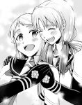  2girls absurdres closed_eyes elbow_gloves gloves grey_hair greyscale grin highres kantai_collection long_hair low_twintails monochrome multiple_girls neckerchief sailor_collar sailor_shirt sakamoto_yuuki samidare_(kancolle) school_uniform serafuku shirt sleeveless smile suzukaze_(kancolle) twintails upper_body 