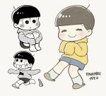  1boy ayu_(mog) blue_shorts brown_footwear closed_mouth dot_nose heart heart_in_mouth hood hoodie male_focus matsuno_jyushimatsu open_mouth osomatsu-san running short_hair shorts slippers smile socks white_socks yellow_hoodie 