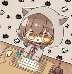  1girl animal_ears berry black_choker blush brown_eyes brown_hair brown_hoodie cat chibi choker desk earrings ears_through_headwear gavel glasses hololive hololive_english hood hood_up hoodie jewelry keyboard_(computer) long_hair mouse_(computer) multicolored_hair nanashi_mumei necklace official_alternate_costume oversized_clothes paw_print paw_print_background red_shirt round_eyewear shirt sleeves_past_wrists streaked_hair vinca_99 virtual_youtuber 