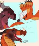  burn dragon duo eyes_closed feathers feet female female/female feral hi_res horn kiumba_(artist) laugh open_mouth pawpads paws ruby_(wof) scalie scarlet_(wof) skywing_(wof) teeth tickling tickling_feet wings_of_fire 