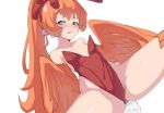  1girl absurdres anal_tail animal_ears bare_shoulders bird_ears bird_legs blue_eyes blush breasts commentary english_commentary fake_animal_ears fake_tail harpy high_ponytail highres leotard long_hair looking_at_viewer monster_girl open_mouth orange_feathers orange_hair orange_wings original playboy_bunny ponytail red_leotard simple_background small_breasts sol_(thus0) solo spread_legs sweatdrop tail thus0thus white_background wings 