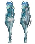  1girl ankle_fins aqua_skin arm_fins ass barefoot commentary crossed_legs english_commentary extra_eyes fins from_behind full_body jewelry monster_girl multiple_views necklace original revealing_clothes shoulder_blades tahra tentacle_hair tiptoes 