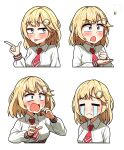  1girl :p blonde_hair blue_eyes blush collared_shirt commentary cropped_torso ddolbang expressions hair_ornament highres hololive hololive_english light_bulb long_sleeves monocle_hair_ornament multiple_views necktie palm-fist_tap red_necktie shirt short_hair short_necktie surprised t_t tongue tongue_out virtual_youtuber watson_amelia watson_amelia_(1st_costume) white_shirt 
