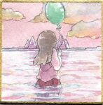  1girl balloon border brown_hair cloud cloudy_sky commentary_request facing_away floating_hair from_behind hair_down hand_up holding holding_balloon koto_(patina375887) long_hair long_sleeves madotsuki mountain painting_(medium) photo-referenced pink_sky pink_sweater pink_water red_skirt reflection reflective_water ripples shikishi skirt sky solo sweater traditional_media wading watercolor_(medium) yellow_border yume_nikki 