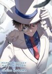 1boy absurdres adjusting_clothes adjusting_headwear bishounen blue_eyes blue_shirt brown_hair collared_shirt falling_feathers from_above gloves hair_between_eyes hat highres jacket kaitou_kid kuroba_kaito long_sleeves looking_up magic_kaito magurosamm male_focus monocle necktie red_necktie shirt short_hair solo top_hat white_gloves white_headwear white_jacket 