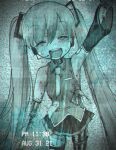  1girl ^_^ amputee android arm_up bags_under_eyes blood blood_from_mouth blue_theme blush closed_eyes collared_shirt cowboy_shot damaged dated detached_sleeves facing_viewer hair_ornament hatsune_miku headset long_hair mechanical_parts miniskirt missing_limb monochrome necktie open_mouth pleated_skirt raised_eyebrows scanlines shirt single_detached_sleeve skirt sleeveless sleeveless_shirt smile solo static sweat torn_clothes torn_necktie twintails very_long_hair vocaloid waving wire yasashii_naizou 