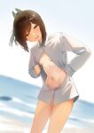  1girl blurry blurry_background blush breasts brown_eyes brown_hair buttons collared_shirt day feet_out_of_frame highres i-401_(kancolle) kantai_collection long_sleeves navel ocean open_mouth outdoors ponytail sakieko shirt short_hair small_breasts smile solo white_shirt 