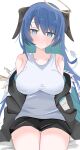  1girl :o absurdres arknights armpit_crease bare_shoulders black_horns black_jacket black_shorts blue_eyes blue_hair blush breasts breasts_apart collarbone colored_inner_hair commentary_request cowboy_shot dot_nose fur-trimmed_jacket fur_trim green_hair hair_between_eyes halo head_tilt highres horns huge_breasts impossible_clothes jacket legs_together long_bangs long_hair long_sleeves looking_at_viewer mostima_(arknights) multicolored_hair nui_(nuinui0300) off_shoulder open_clothes open_jacket open_mouth raised_eyebrows short_shorts shorts sidelocks sitting sleeveless solo straight-on sweatdrop tank_top thigh_gap thighs white_background white_tank_top 