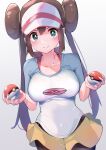  1girl blush breasts bright_pupils brown_hair closed_mouth collarbone commentary_request cowboy_shot double_bun doughnut_hair_bun green_eyes hair_bun highres holding holding_poke_ball long_hair looking_at_viewer medium_breasts pantyhose_under_shorts partial_commentary poke_ball poke_ball_(basic) pokemon pokemon_(game) pokemon_bw2 racket_ti1 raglan_sleeves rosa_(pokemon) shirt short_sleeves shorts simple_background smile solo twintails v-shaped_eyebrows visor_cap white_background white_shirt yellow_shorts 