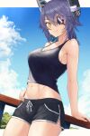  1girl alternate_costume black_shorts black_tank_top breasts cleavage closed_mouth collarbone cowboy_shot eyepatch headgear highres kantai_collection kotou_yogen large_breasts navel purple_hair short_hair shorts smile solo tank_top tenryuu_(kancolle) yellow_eyes 