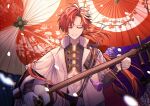  1boy abs asymmetrical_hair closed_eyes earrings fate/grand_order fate_(series) holding holding_instrument instrument jewelry long_hair multicolored_hair oil-paper_umbrella open_mouth parted_bangs ponytail poshi00 red_hair shamisen smile streaked_hair takasugi_shinsaku_(fate) tassel traditional_clothes two-tone_hair umbrella very_long_hair 