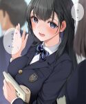  1girl black_hair blazer blue_jacket blurry blurry_background blurry_foreground breasts depth_of_field diagonal-striped_bowtie fed_(giba) highres jacket large_breasts long_hair object_hug original people school_uniform solo_focus speech_bubble straight_hair translation_request upper_body very_long_hair 