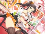  1girl blueberry blush bow breasts brown_hair chocolate chocolate_making cooking_pot curtains flower food fruit gloves green_eyes hair_ornament hair_scrunchie heart highres kitchen large_breasts long_hair looking_at_viewer macaron mixing_bowl murakumo_(senran_kagura) official_alternate_costume official_art open_mouth orange_flower orange_rose orange_skirt ribbon rose scrunchie senran_kagura senran_kagura_new_link senran_kagura_shinovi_versus side_ponytail skirt solo strawberry striped striped_thighhighs thighhighs valentine vertical-striped_thighhighs vertical_stripes whisk yaegashi_nan 