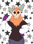  3:4 anthro blue_body blue_fur blush bottomwear canid canine claws clothed clothing digital_media_(artwork) english_text fox freckles fur hair hi_res looking_at_viewer male mammal neck_tuft orange_body orange_fur pose simple_background smile smokedsoul35 solo standing star star_marking text topwear tuft 