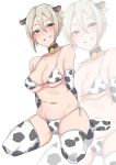  1girl absurdres animal_ears animal_print arms_behind_back bare_shoulders bell belt_collar bikini black_eyes blush breasts cleavage collar collarbone cow_ears cow_print cowbell elbow_gloves fake_animal_ears full-face_blush full_body gloves grey_hair grin highres idolmaster idolmaster_cinderella_girls idolmaster_cinderella_girls_starlight_stage looking_at_viewer medium_breasts navel open_mouth shiomi_syuko short_hair side-tie_bikini_bottom simple_background sitting smile solo swimsuit thighhighs wariza wasabijoyu76 white_background white_bikini white_thighhighs zoom_layer 