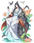  1boy absurdres artist_name bird bird_on_hand bishounen black_hair black_robe brown_eyes bud chinese_clothes closed_mouth collarbone commentary_request flower full_body hair_bun hair_ornament hair_ribbon hand_up headband highres lan_wangji lily_pad long_hair long_sleeves looking_at_viewer lotus lotus_leaf male_focus modao_zushi muse_(rainforest) open_clothes open_robe parted_bangs pectorals pink_flower ribbon robe sash sidelocks simple_background single_hair_bun smile solo south_korean_flag tassel twitter_username very_long_hair water water_drop water_lily_flower watermark white_background white_headband white_ribbon white_robe white_sash wide_sleeves 
