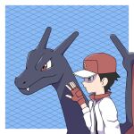  1boy black_hair black_shirt border brown_gloves brown_headwear chain-link_fence charizard closed_mouth commentary_request fence fingerless_gloves from_side gloves hand_up hat highres jacket male_focus pokemon pokemon_(creature) pokemon_(game) pokemon_rgby red_(pokemon) shiogi_(riza_49) shirt short_hair upper_body white_border white_jacket 