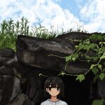  1girl absurdres black_eyes black_hair blue_sky cave cloud day grass highres looking_at_viewer medium_hair open_mouth original outdoors plant shirt sky solo uniunimikan vines white_shirt 
