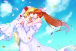  2girls bare_shoulders blonde_hair blue_sky breasts bridal_veil carrying choker closed_eyes cloud collarbone commentary_request commission couple cowboy_shot crown day dress elbow_gloves fate_testarossa flower gloves hair_flower hair_ornament hair_ribbon highres jewelry leoheart long_hair looking_at_another lyrical_nanoha mahou_shoujo_lyrical_nanoha_strikers medium_breasts multiple_girls outdoors petals pixiv_commission princess_carry red_hair ribbon ring rose sidelocks sky smile takamachi_nanoha veil very_long_hair wedding_dress wedding_ring white_dress white_footwear white_gloves wife_and_wife yuri 