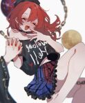  2girls :d ^_^ ayahi_4 bare_legs bare_shoulders black_choker black_shirt blue_skirt chain choker closed_eyes clothes_writing facing_viewer foot_out_of_frame frilled_skirt frills gold_chain hand_up hecatia_lapislazuli highres holding_hands junko_(touhou) long_hair miniskirt multicolored_clothes multicolored_skirt multiple_girls off-shoulder_shirt off_shoulder open_mouth out_of_frame polos_crown red_hair red_nails red_skirt shirt skirt smile solo_focus t-shirt touhou 