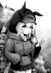  1girl absurdres animal_ears animal_hood baseball_cap breasts cellphone closed_mouth clothes_writing commentary_request curren_chan_(umamusume) drawstring fake_animal_ears goom_(goomyparty) greyscale hair_between_eyes hand_in_own_hair hat highres holding holding_phone hood hood_down hood_up hoodie horse_ears horse_hood horse_tail looking_at_viewer medium_breasts monochrome phone pleated_skirt romaji_text skirt solo tail twitter_username umamusume white_background 