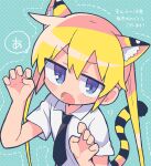  1girl animal_ears black_necktie blonde_hair blue_background blue_eyes blush_stickers claw_pose collared_shirt commentary dotted_line fang hands_up highres jitome kemonomimi_mode kill_me_baby long_hair looking_at_viewer necktie outline polka_dot polka_dot_background richard_(richaball) sanpaku shirt short_sleeves solo sonya_(kill_me_baby) speech_bubble tail tiger_ears tiger_tail translated twintails upper_body v-shaped_eyebrows white_shirt 